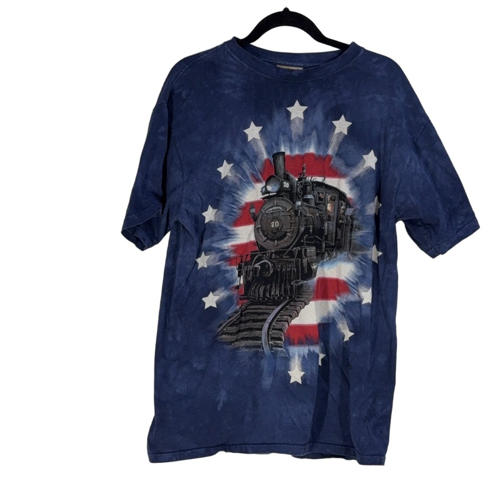 The Mountain Men's L Blue Train Graphic Print Cotton T-Shirt USA Double-Sided